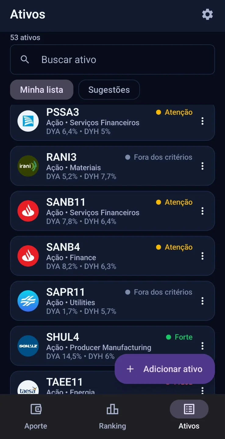 Tela real Ativos, aba Minha lista, com 53 ativos. Cada ativo mostra sua situação diante da estratégia: Forte, Atenção ou Fora dos critérios.